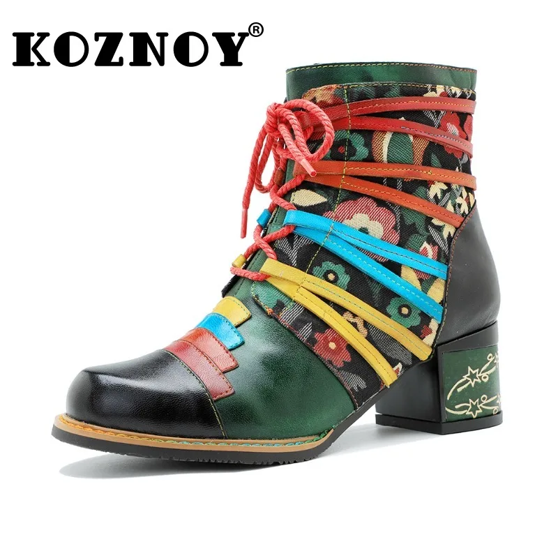 

Koznoy Printed Short Boots 5.4cm Cloth Jacquard Embossed Flower Sheepskin Leather Autumn Woman Heel Plus Size Spring Ankle Shoes