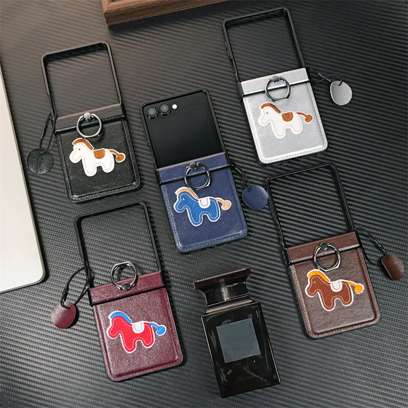 Premium PU Leather Embroidered Horse Folding Phone Case with Finger Ring Holder