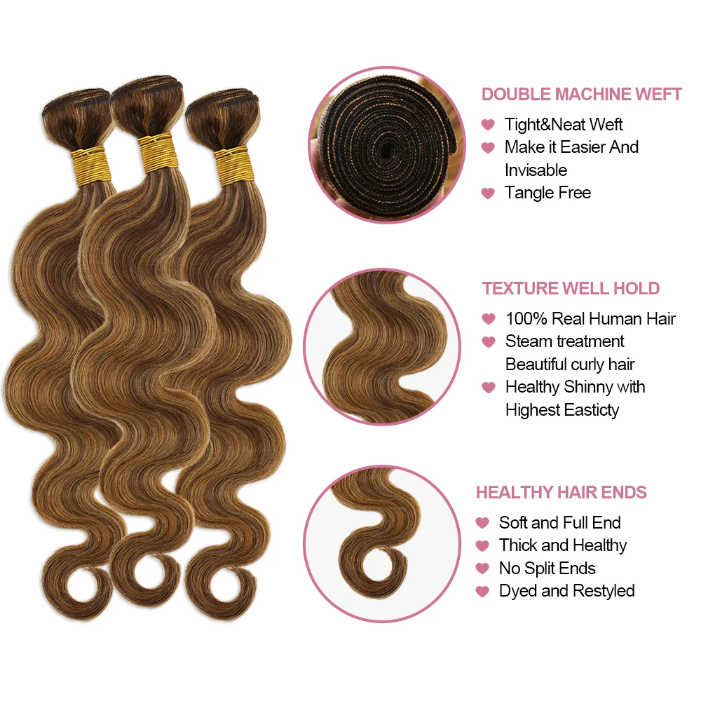 Body Wave Highlight Raw Bundles human hair extensions Human Hair 4/27 Colored Brazilian Hair Extensions Quick Weaves Water Wave Bundles 3
