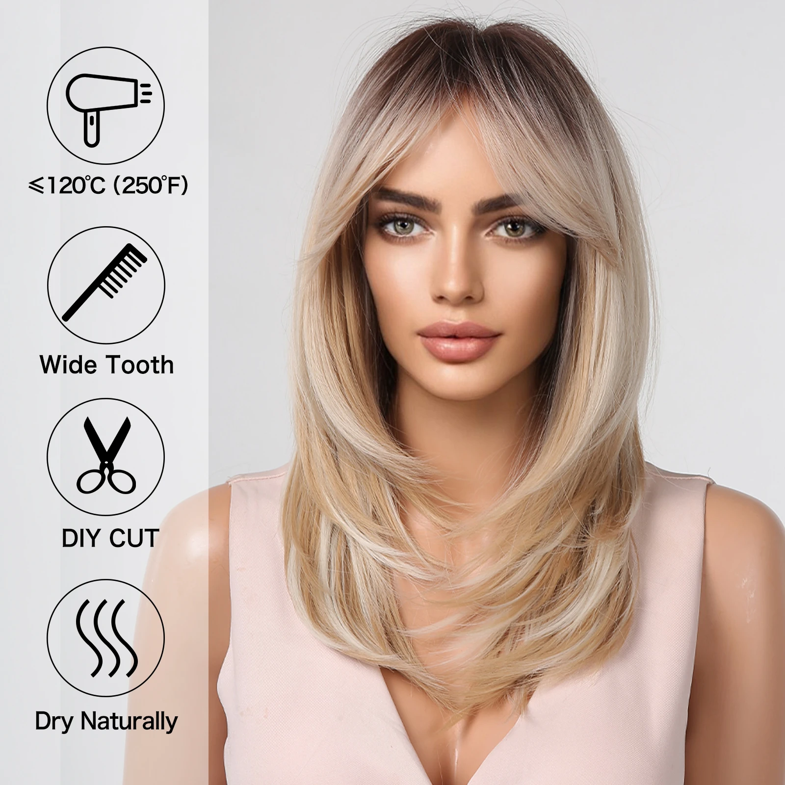 Synthetic Wig Long Blonde For Women With Fringe Ombre Color Dark Roots Layered Heat Resistant