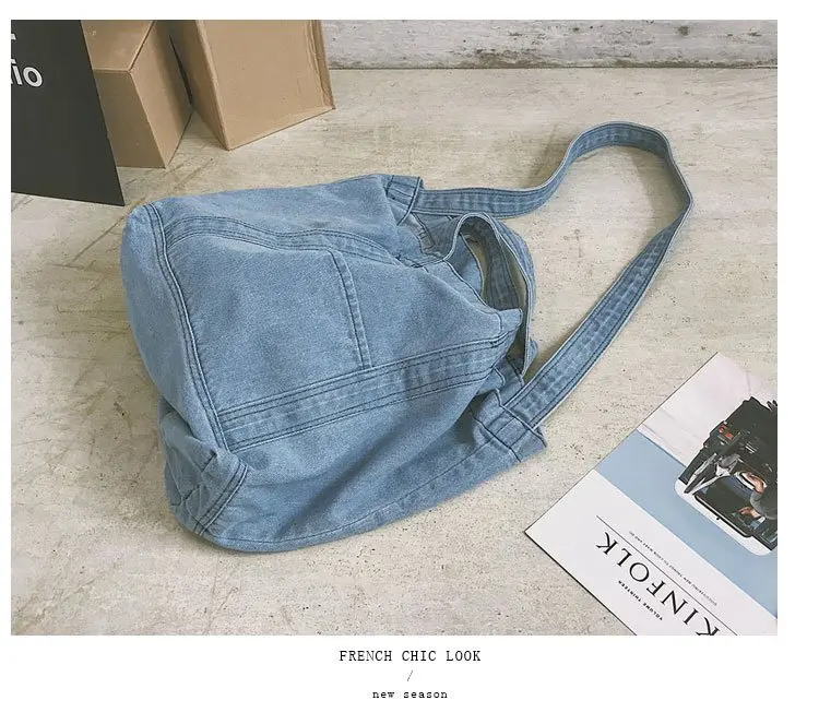 Big Soft Denim Slouch Shopping Bag Jean Fabric Female Handbag Leisure Korean Fashion Woman Shoulder Messenger Top-handle Bag New