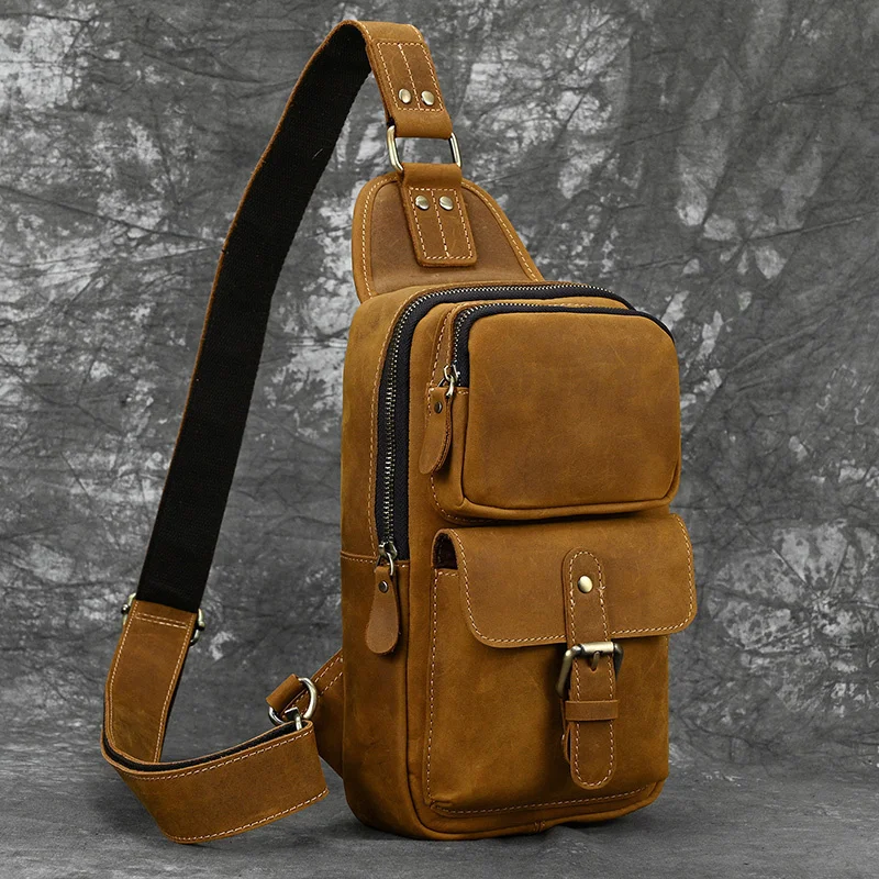 

Leather Chest Men Bag Vintage Fashion Crazy Horse Pack Anti Theft Outdoor Sport Rider chest bag for men