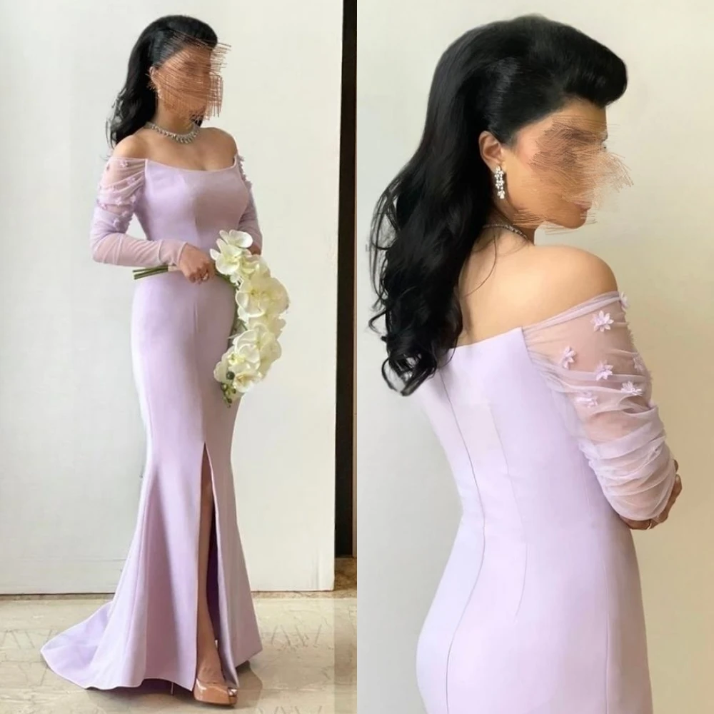 

Prom Dresses with Slit Elegant Fashion Off the Shoulder Floor Length Long Sleeve Flower Formal Evening Gowns فساتين مناسبات