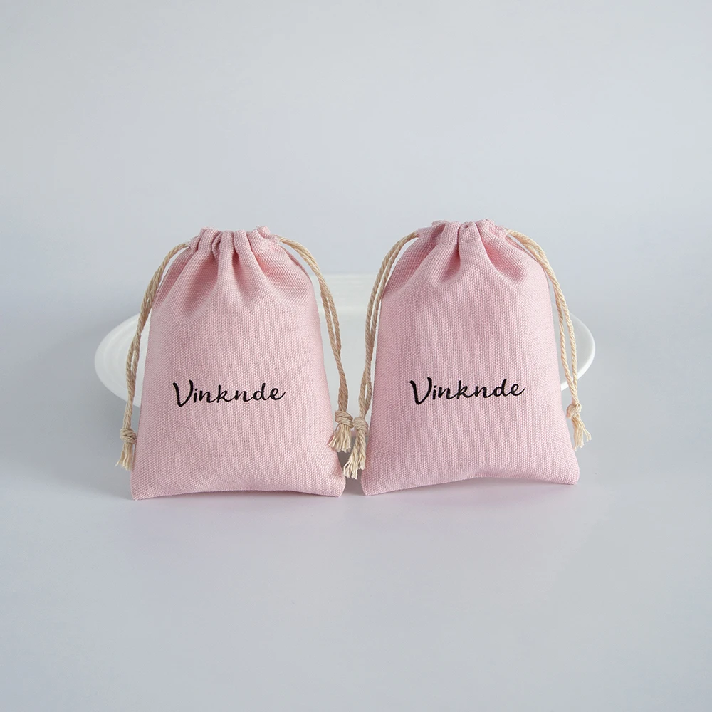 Custom Logo Cotton Gift Bags Jewelry Drawstring Packaging Pouch Rings Makeup Party Bead Bottle Sachet Pocket Pink Cotton Bag