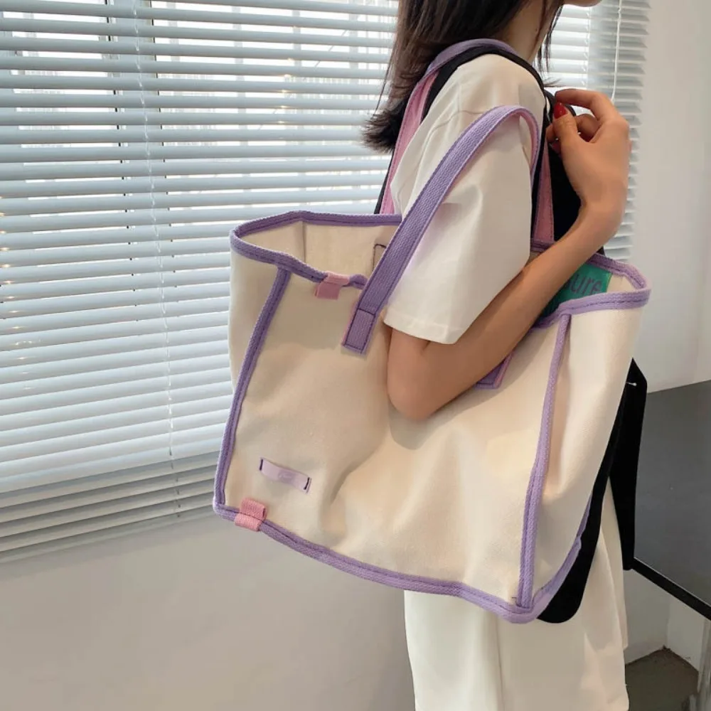 

Contrast Canvas Tote Bags Women Fashion Simple Hasp Shoulder Bag Female Casual Versatile Large Capacity Shopping Handbags