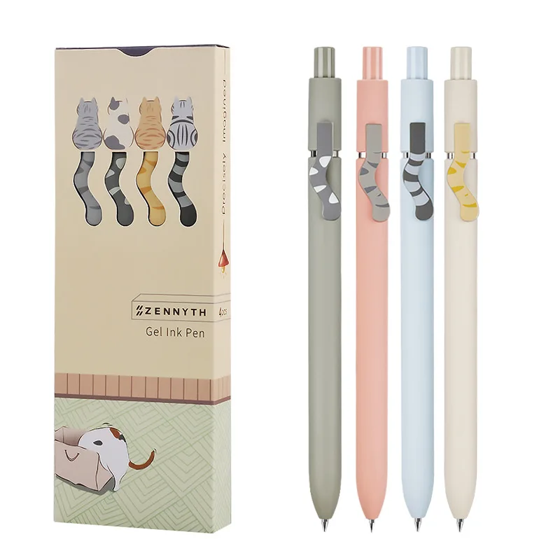 

4pcs cute pens Cat stationery push type morandi gel pen set 0.5mm Black Japanese Stationery student office smooth writing pen