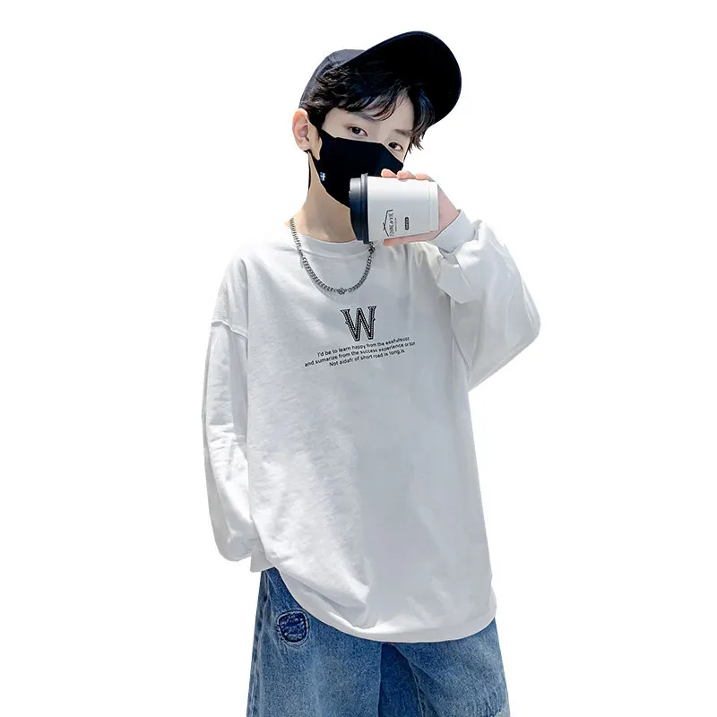 

100% Cotton 2023 Autumn New Boys Long Sleeve T-shirt Children's Top Korean Version Baby Crewneck White Loose Undershirt Clothes