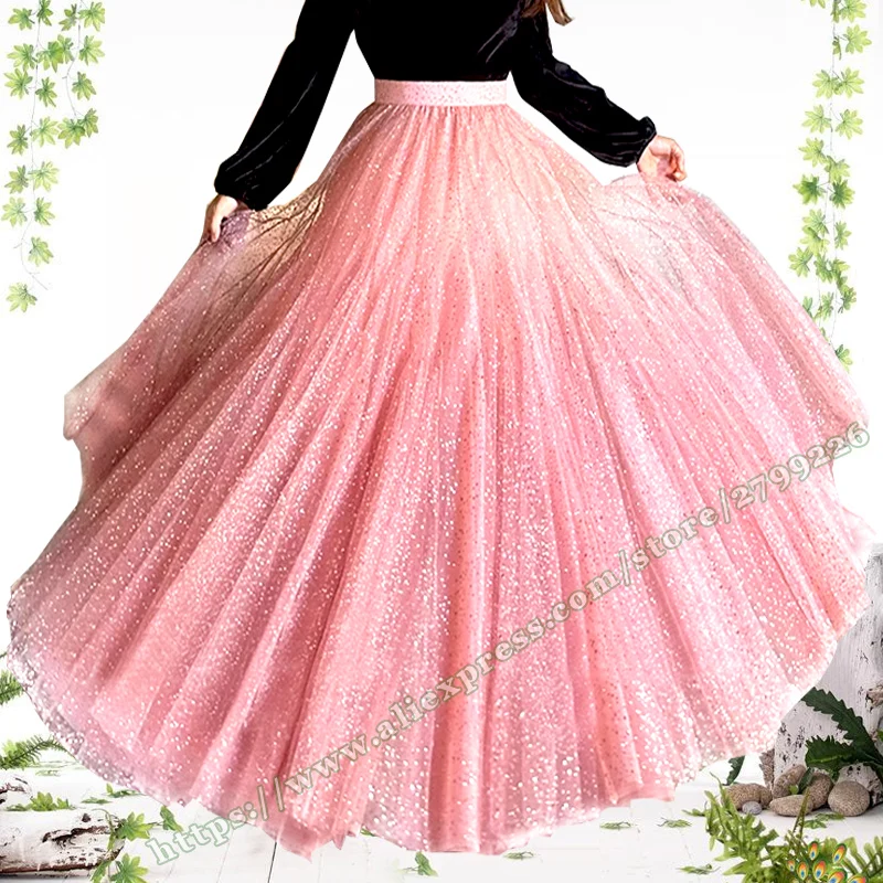 

Women's Long Pink Sequins Sparkle Patchwork Puffy Mesh Maxi Skirt Plus large size Tutu Fairycore Fairy Flowy Skirt women 2024