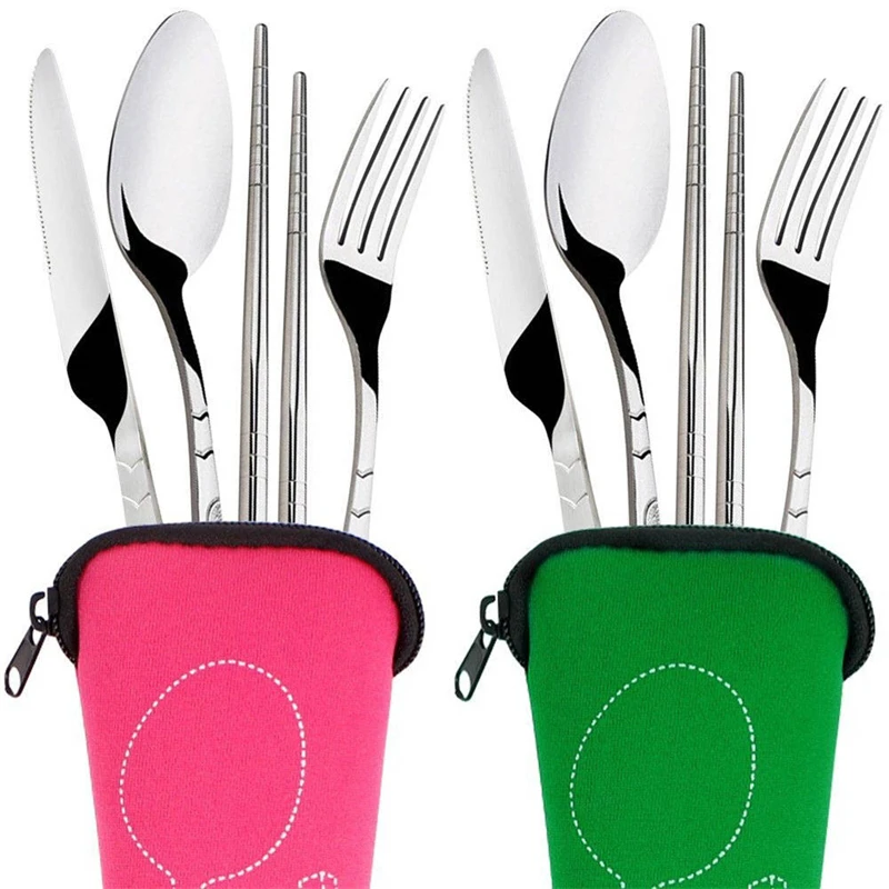 Description Picture 6 of item4Pcs Set Dinnerware Portable Knifes Fork Spoon Chopsticks Stainless Steel Family Camping Steak Cutlery Tableware with Bag