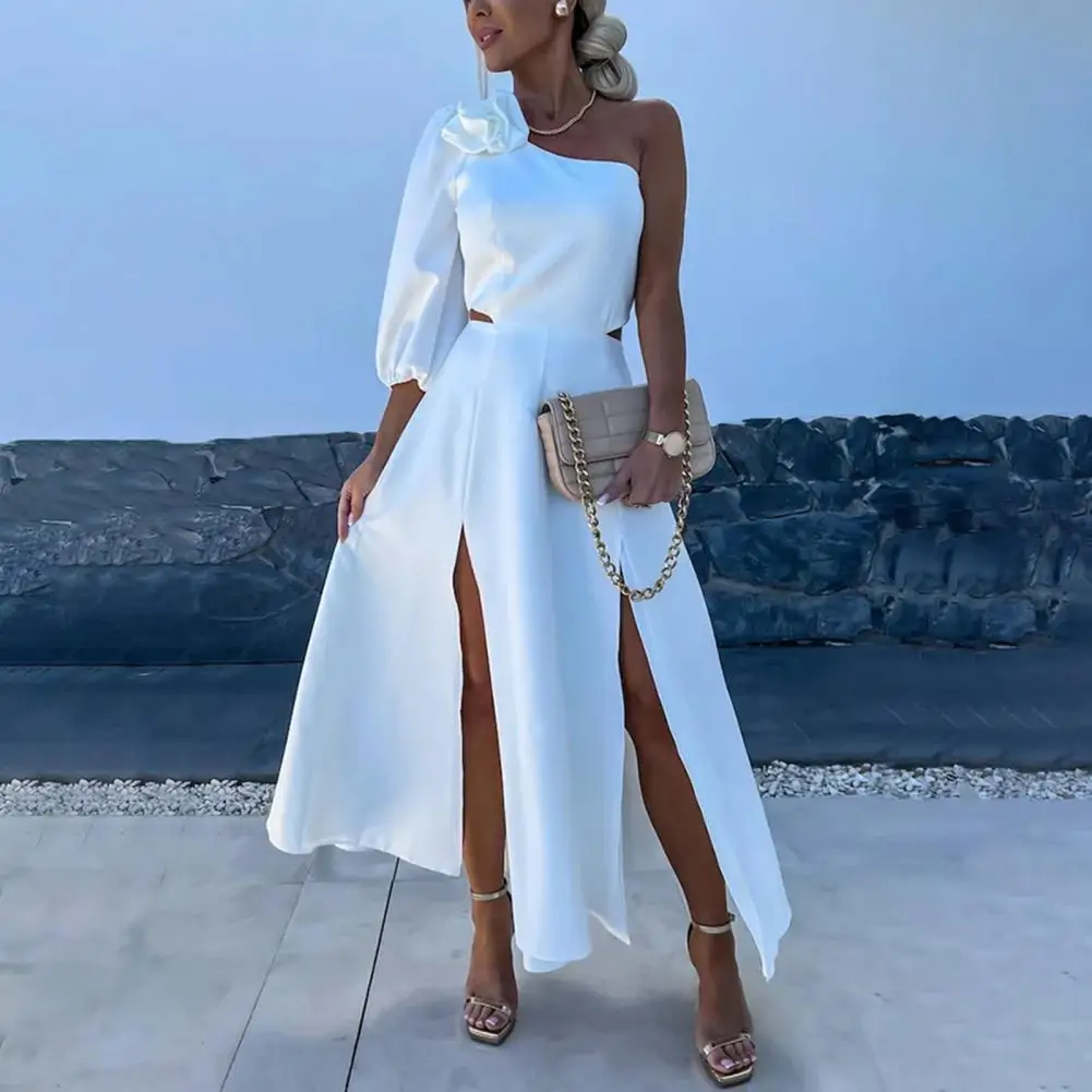 

Women Evening Dress One Shoulder One Half Sleeve Rose Decor Backless Solid Color Back Zipper Side Split High Waist Hollow Out Pr