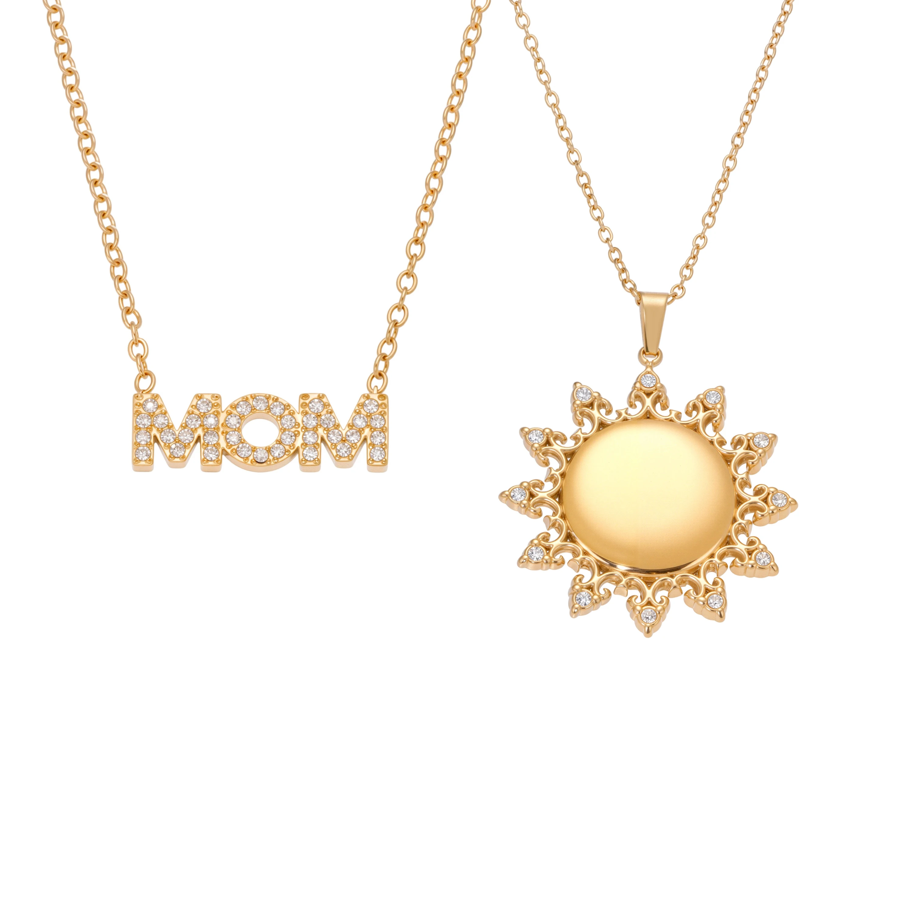 Glänzende Zirkon-Buchstabe MOM-Anhänger-Halskette aus 316 Edelstahl mit 18 Karat vergoldeter Kette, Sonnen-Halskette für Damen, Modeschmuck – Detail 1
