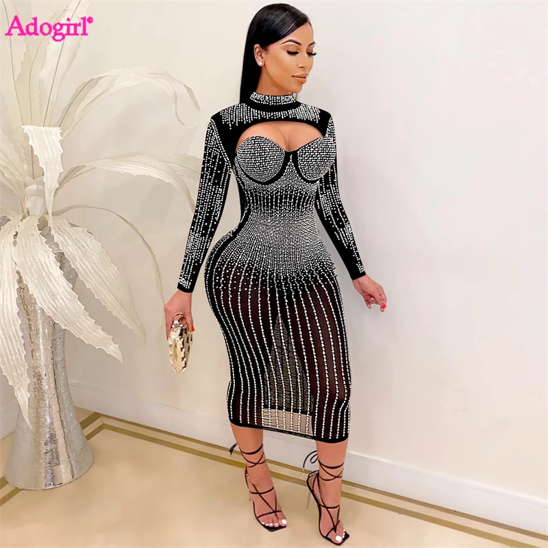 

Adogirl Diamonds Sheer Mesh Midi Party Dress Women Sexy Hollow Out Mock Neck Long Sleeve Bodycon Night Clubwear Female Clothing