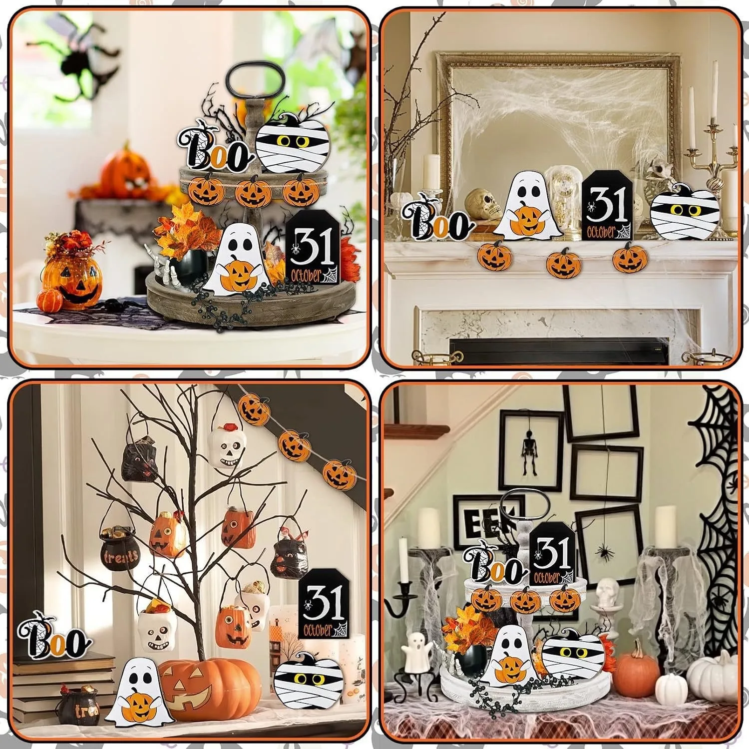 Halloween Wooden Sign Ornaments Wooden Pumpkin Boo Ghost Mummy Halloween Desktop Decoration