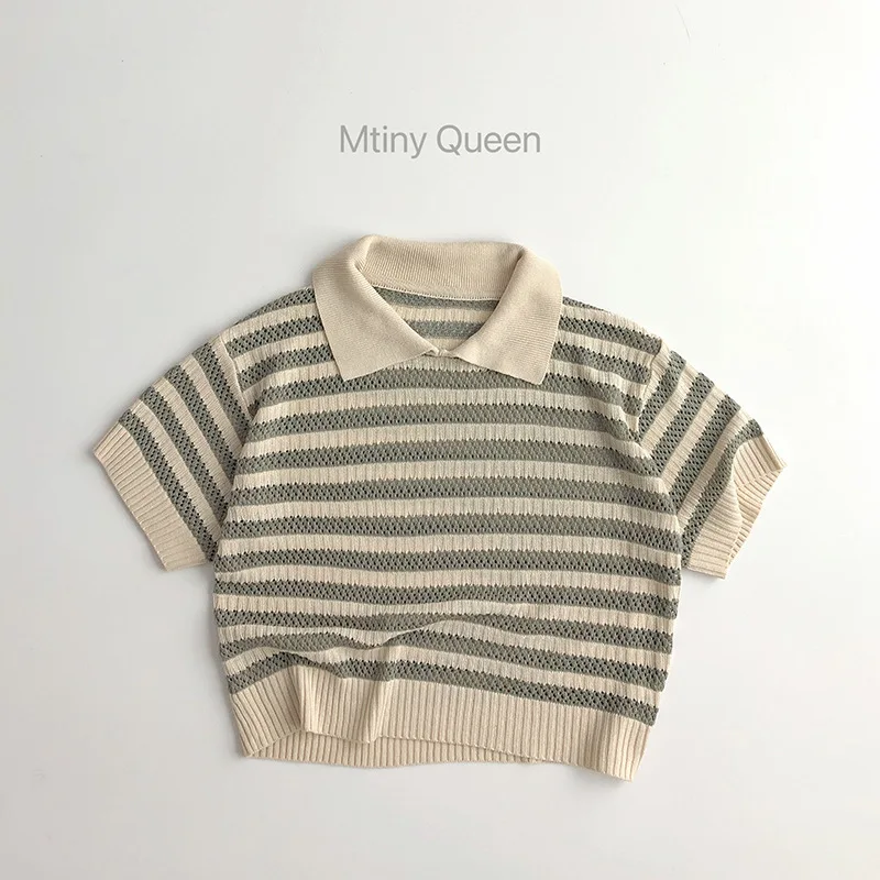 Children's Knitted Casual Shirts Summer Girl's Knitted Tops Striped T-shirts Retro Style Boy's Tops
