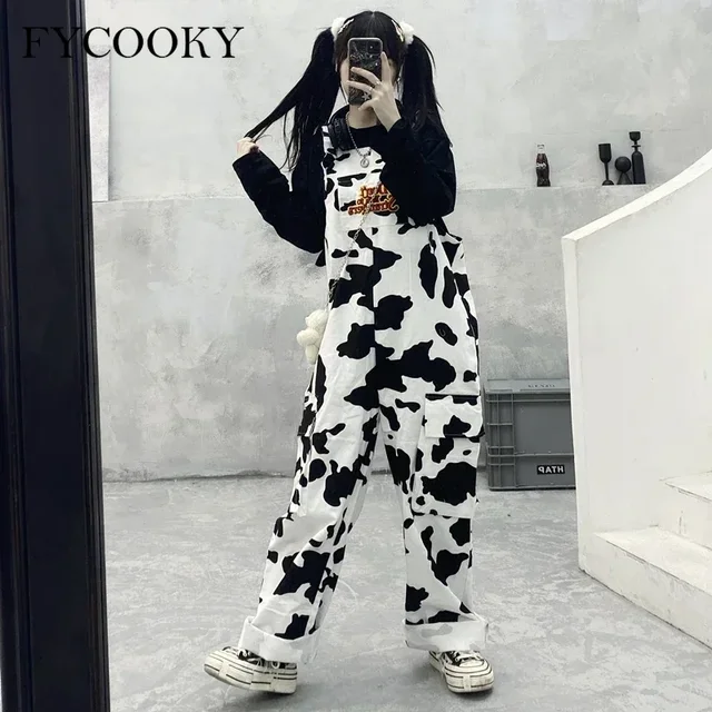 Street Hip-hop Harajuku Girl Cow Print Oneies for Women Black White Plaid Overalls Casual Jumpsuit Trousers Baggy Pants 1