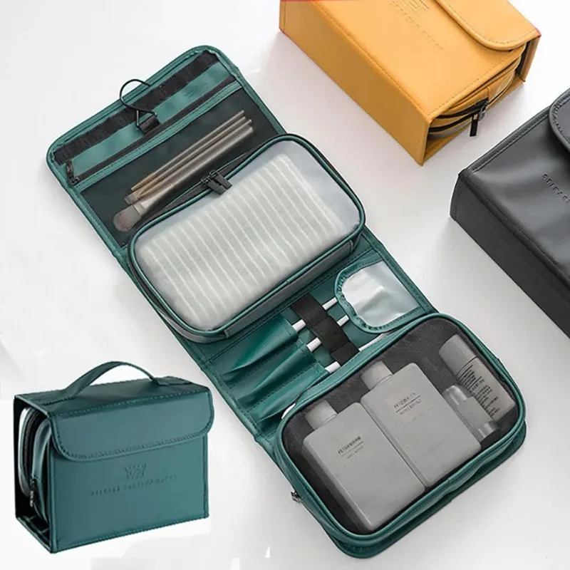 

Unisex Toiletries Bag Portable Travel Business Trip Wash Cosmetic Bag Dry/Wet Separation Waterproof PU Leather Large Capacity