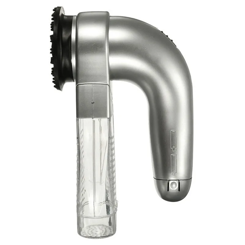 Silver handheld cordless pet hair vacuum with a clear collection canister and black rubber grooming head, shown against a white background.