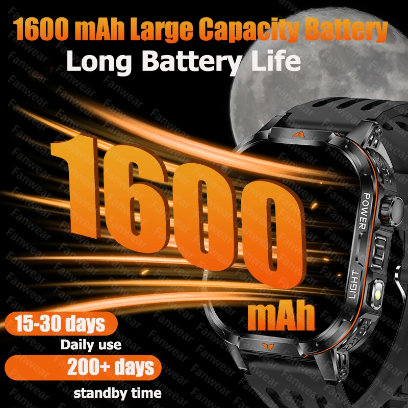 2026 야외용 군용 스마트워치 남성용 1600mAh 배터리 대기시간 200일 LED 손전등 170+ 스포츠 모드 블루투스 건강 시계