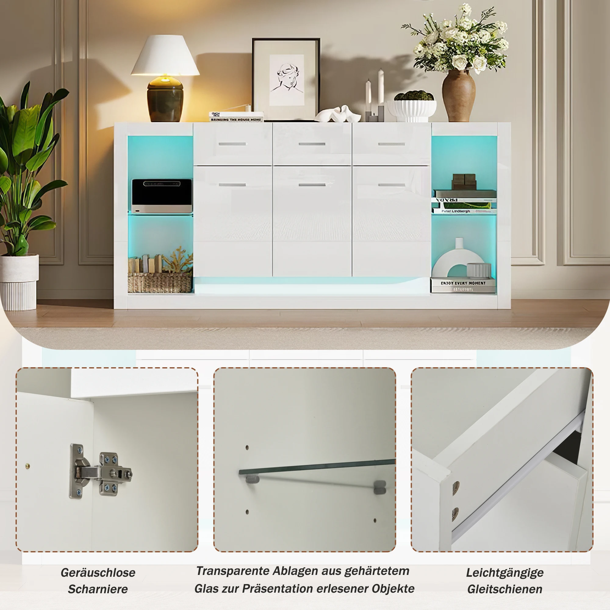 Weißer Hochglanz-Beistellschrank (160x40x75 cm) mit LED-Licht, 3 Schubladen & 14 Fächern – Detail 2