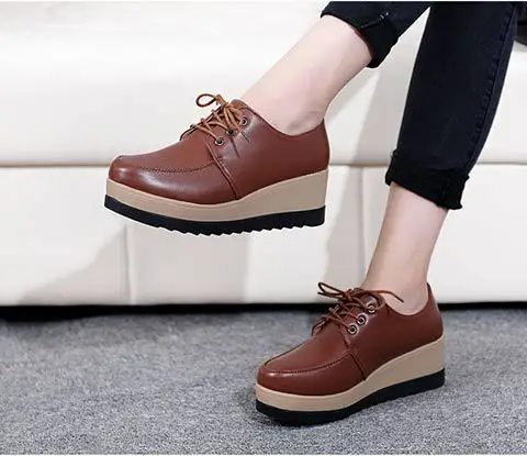 Spring Autumn Women Fashion Platform Gold Black Flats PU Leather Lace up Classic Bullock Footwear Wedges Female Oxford Shoes