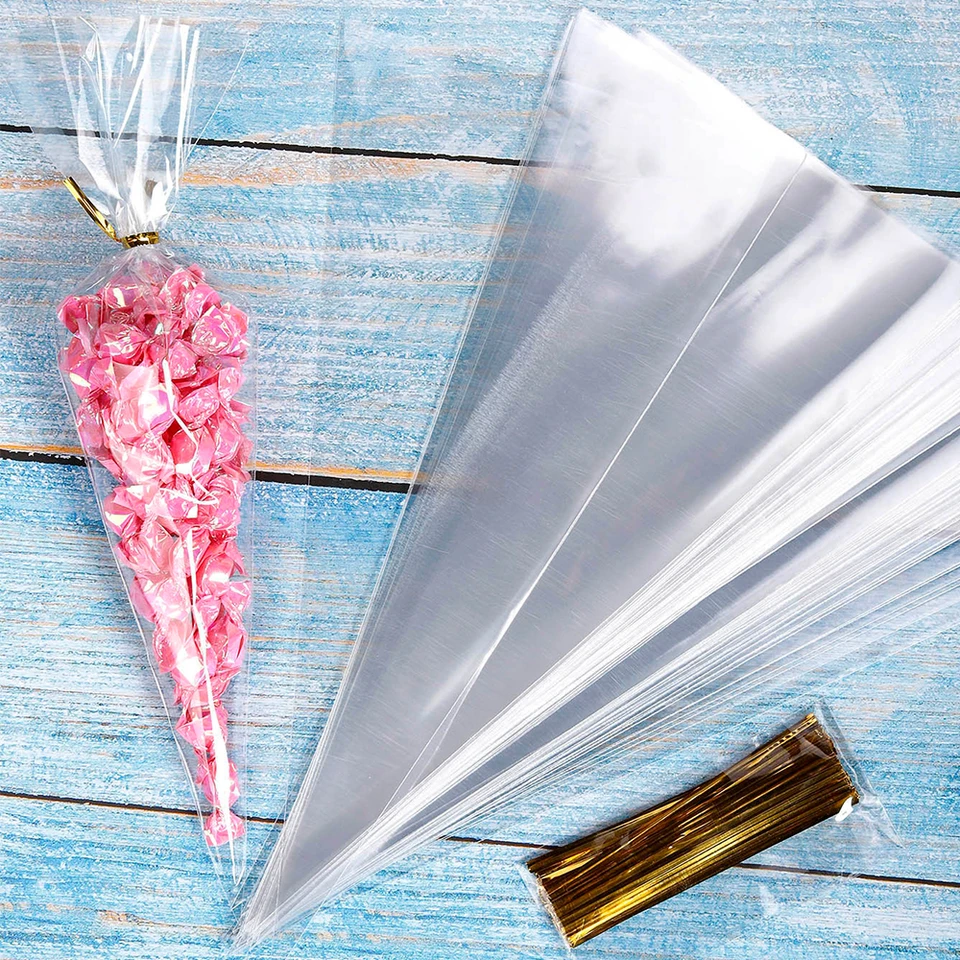 Lot De 200 Sachets En Cellophane Transparent Pour Bonbons - 15 X 25 Cm - Avec 100 Nœuds Et 200 Attaches Torsadées Pour Bonbons - Cadeau D'anniversaire