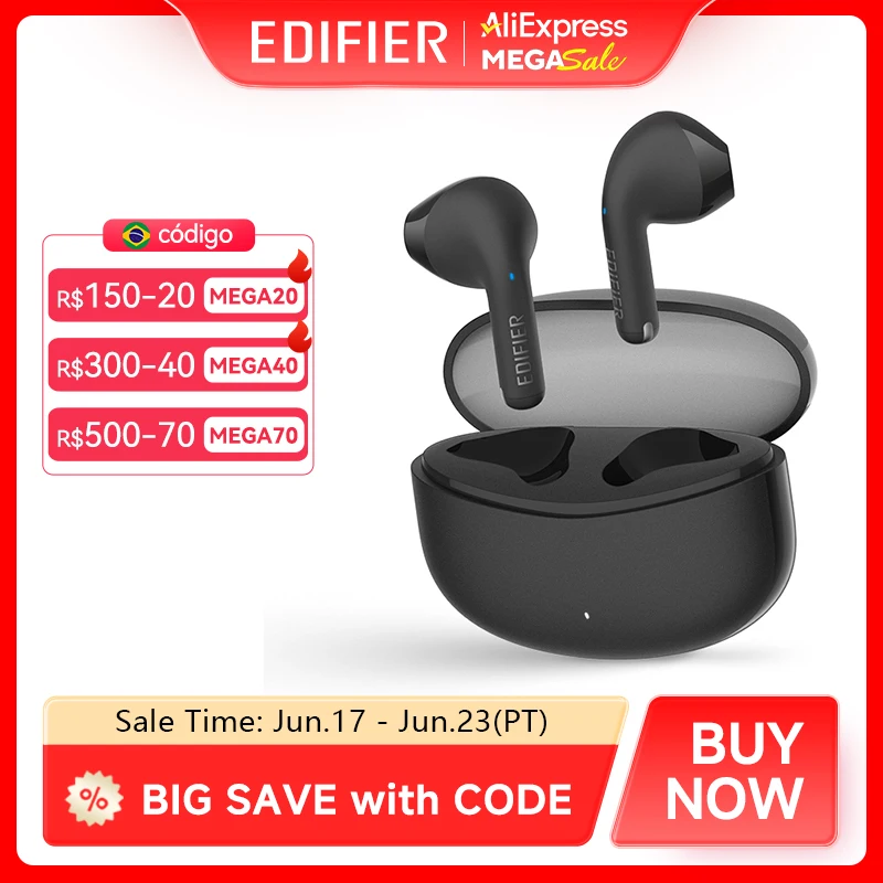 Edifier X2s TWS Fones de ouvido Bluetooth Fones Sem Fio Earbuds, Bluetooth 5.3, Driver de 13 mm, graves fortes, design leve, 26 horas de reprodução