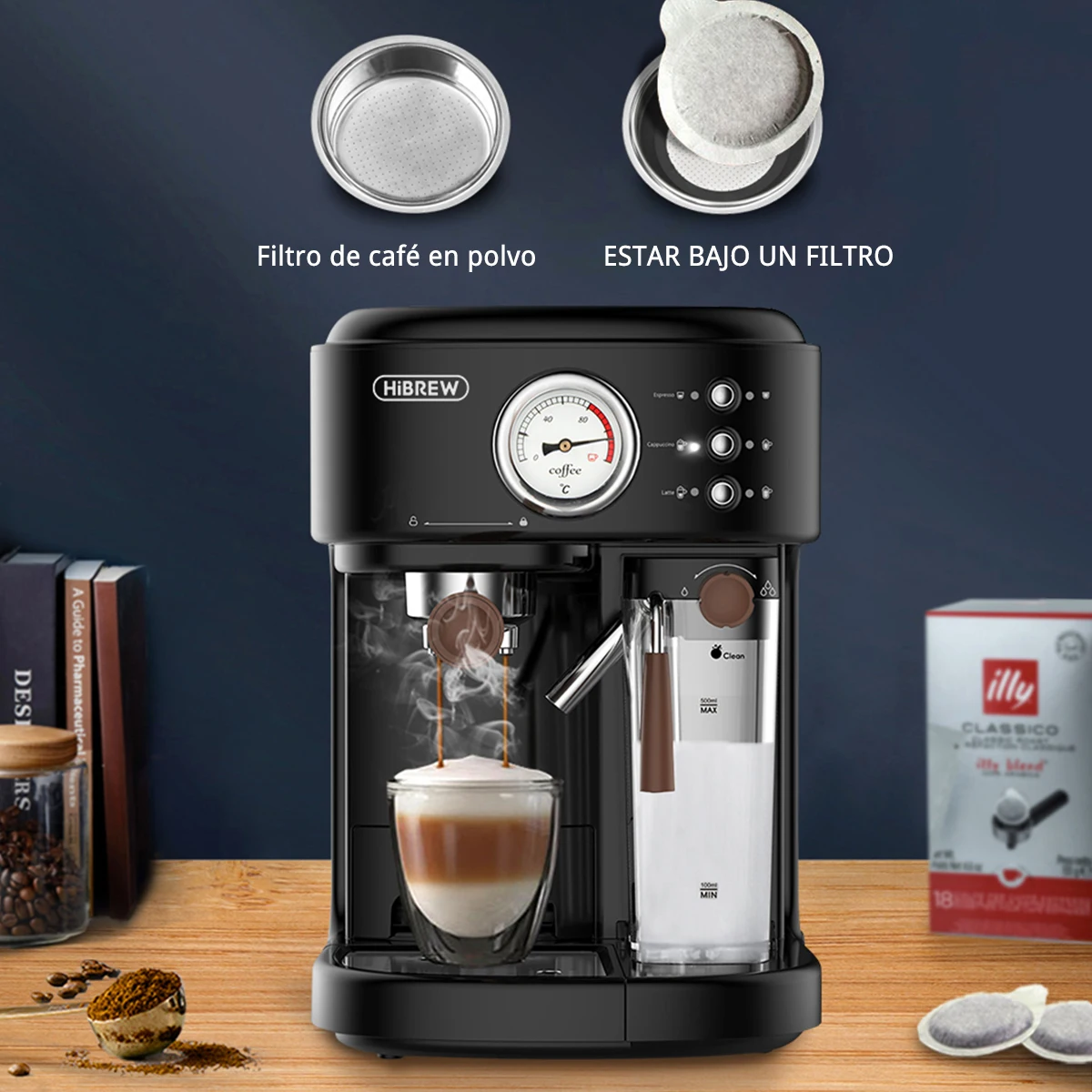 HiBREW-cafetera automática 3 en 1 para capuchino, máquina de café expreso y  café molido con Espumador de leche caliente, 19Bar, H8A