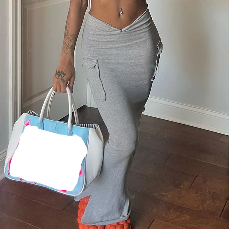 

Casual Irregular Slim Long Skirts Summer 2023 Gray High Waist Pocket Pleated Maxi Skirt Women Clothes Sexy Streetwear