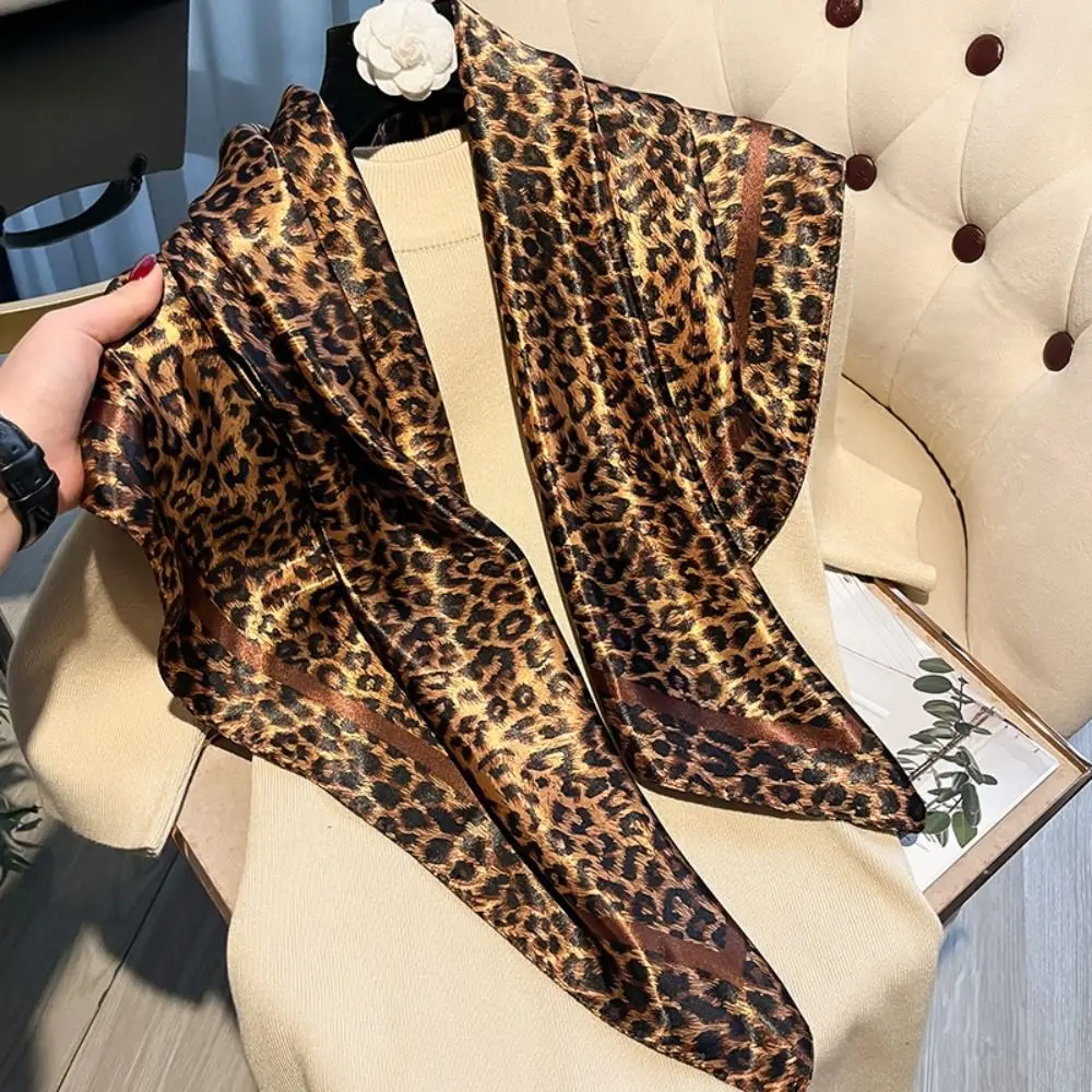 90cm Women Leopard Print Square Scarf Satin Bandana Hair Shawl Wrap Neck Foulard Hijab Neckerchief