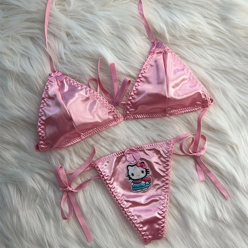

Kawaii Sanrio Hello Kitty Underwear Y2K Spice Girls Sexy Printed Pearl Satin Neck Hanging Bra Set Underweart Thong Gift Toy