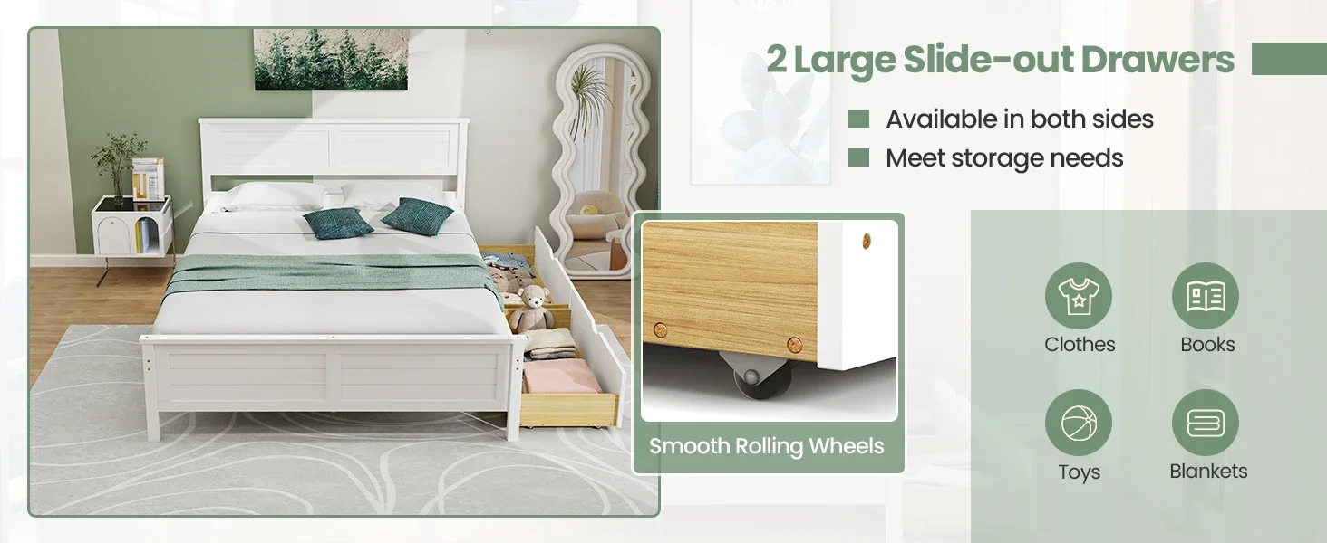 wood bed frame with 2 drawers