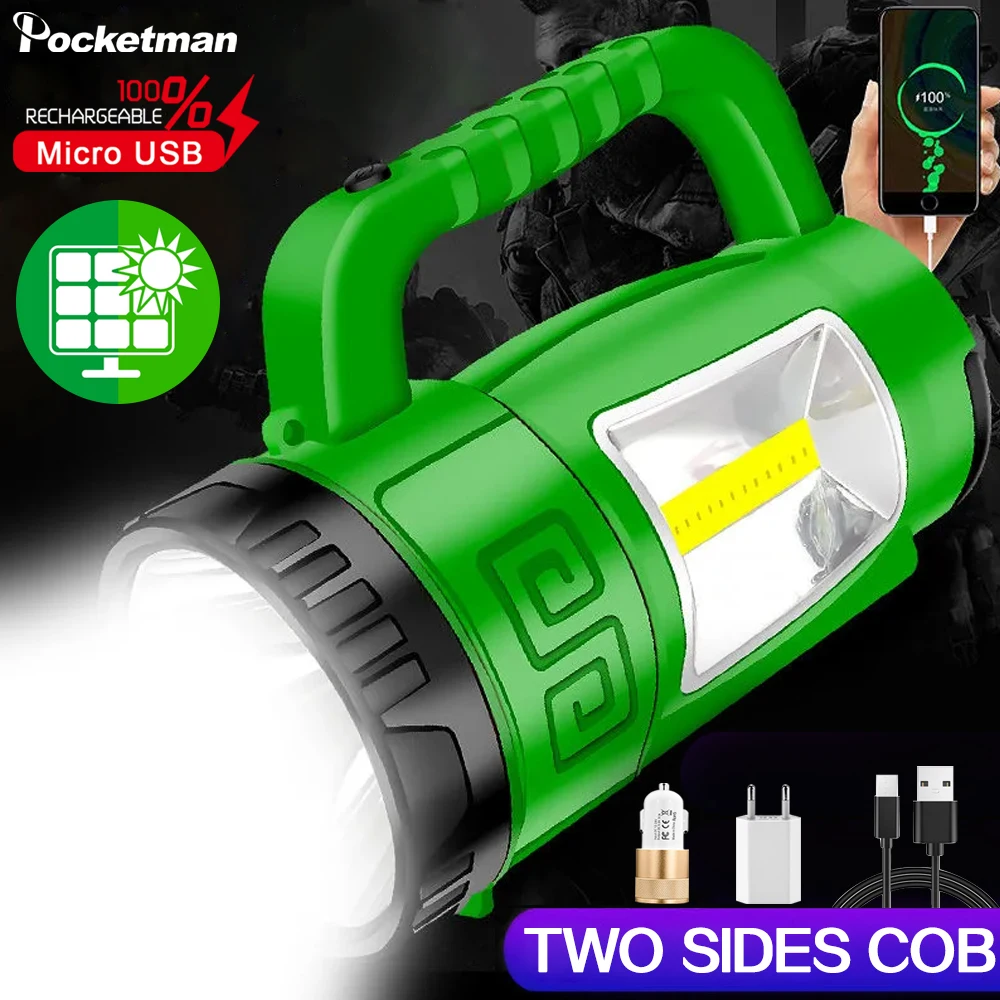Powerful Led Solar Flashlight With Straps Two Side Cob Work Torch