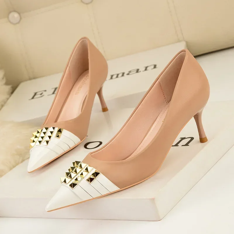 

New Luxury High Heels Women's Shoes Metal Rivet Pointed Black Pumps Fashion Sexy Mixed Color PU Leather Women Single Shoes