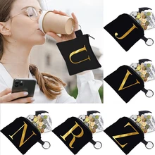 

2022 Unisex Coin Purse Initial Name Gold Print Pattern Earbuds Key Organizer Small Object Ring Buckle Zipper Black Canvas Mini