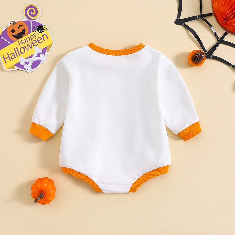 

Newborn Baby Romper Long Sleeve Halloween Jumpsuit Crew Neck Contrast Color Pumpkin Print Bodysuit Loose Fit Fall