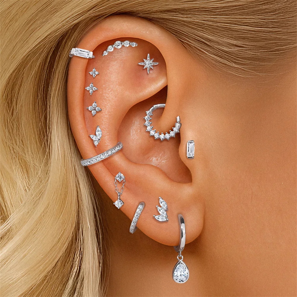 Aide S925 Sterling Silber Vielseitiger Piercing Fit Moissanit Piercing Schmuck Stern Klee Mond Ohrstecker Knorpel Hoops für Frauen – Detail 2