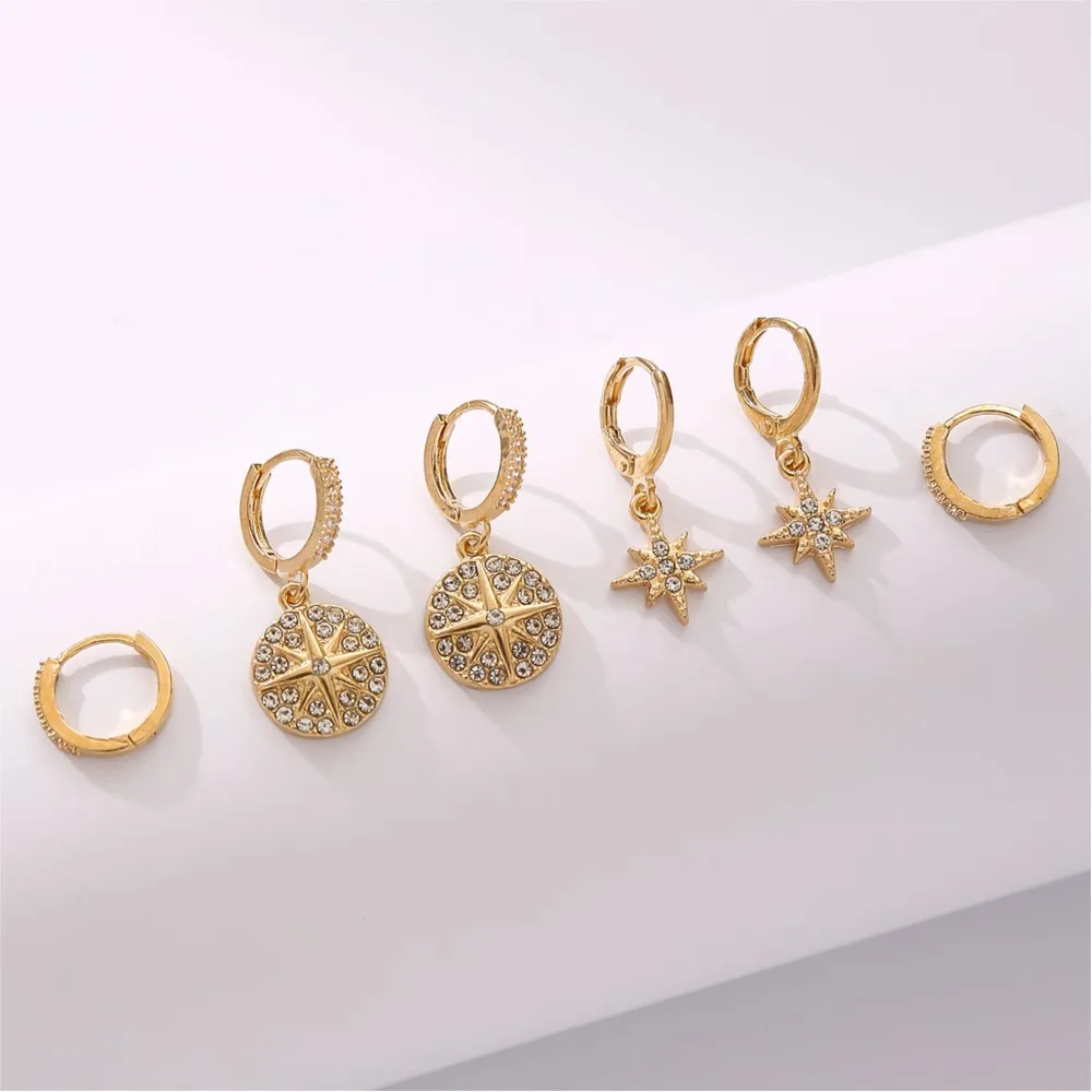 3 Pairs/Set Golden Star Design Shiny Rhinestone Inlaid Dangle Earring for Women Eleagnt Luxury Female Jewelry Gifts