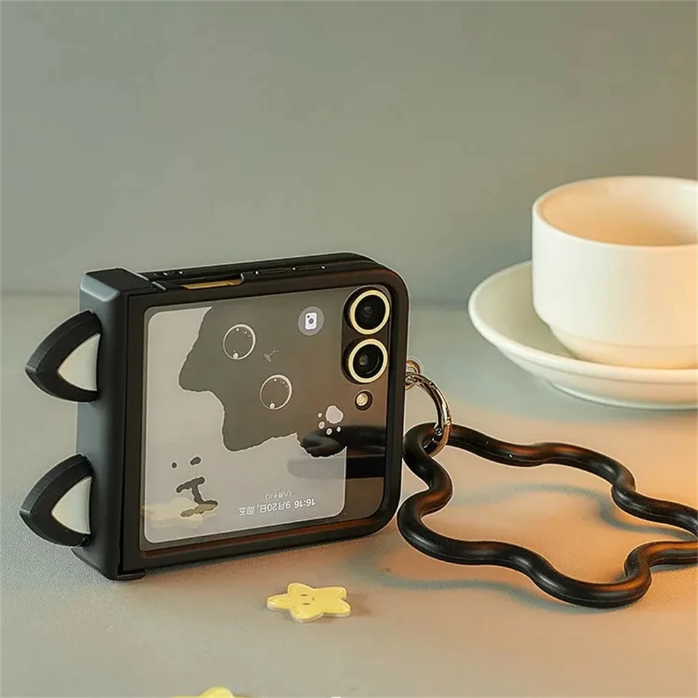 Korean Japan Cute Cat Ears Black Phone Case For For Motorola Razr 60 50ultra Razr 40 Ultra For Samsung Galaxy Z Flip 7/6/5/4/3 4