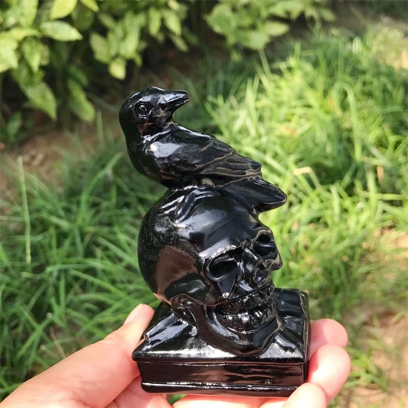 10.5CM Natural Black Obsidian Crow Skull Carving Wicca Decor Carved Raven Figurine Healing Quartz Halloween Gift 1pcs 4
