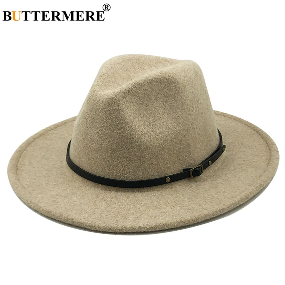 

BUTTERMERE Women Men Wool Fedora Hat With Leather Ribbon Gentleman Lady Winter Autumn Wide Brim Jazz Church Panama Sombrero Cap