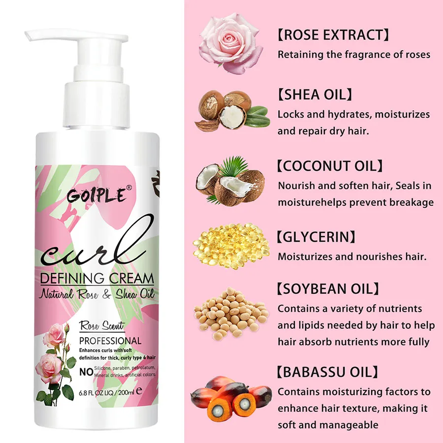 Natural Rose Extract Curl Defining Cream With Shea Oil Enhance Curls Long Lasting Moisturizer Styling Shaping 200ml