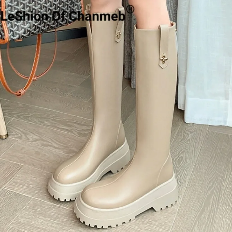 

LeShion Of Chanmeb Women Natural Leather Riding Knee Boots Chunky Heels Goth Boots Zipper Platform Female Shoes Autumn Winter 40