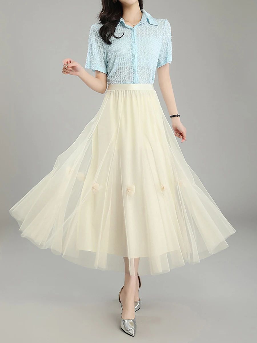 

Elegant Tulle Tutu Pleated Skirts for Women Solid Color Flower Decor Elastic Waist Mesh A-line Long Skirt for Party Streetwear
