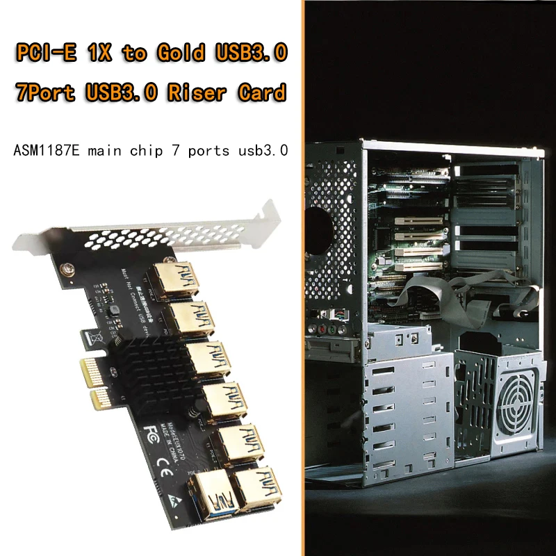 PCIE 1 to 7 Gold USB 3.0 PCI-E Riser Card - 1x to 16x Multiplier Hub Adapter for Bitcoin Mining BTC Devices Description Image.This Product Can Be Found With The Tag Names Computer Cables Connecting, Computer Peripherals, Express riser, PC Hardware Cables Adapters