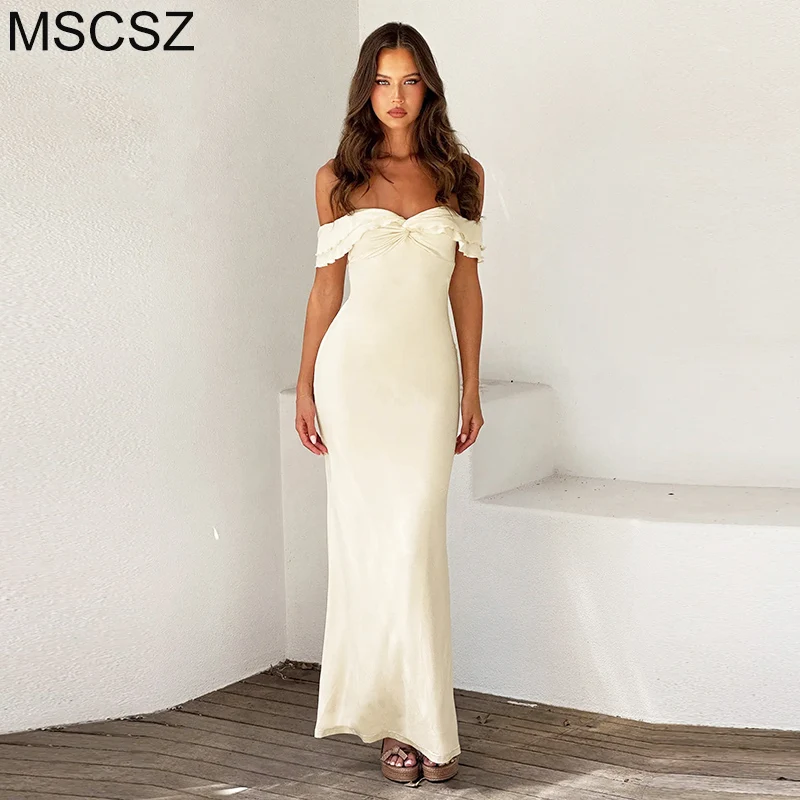 

Twist Front Off Shoulder Maxi Dress Ruffle Mermaid Long Summer Dress Women Elegant Party Dresses 2024