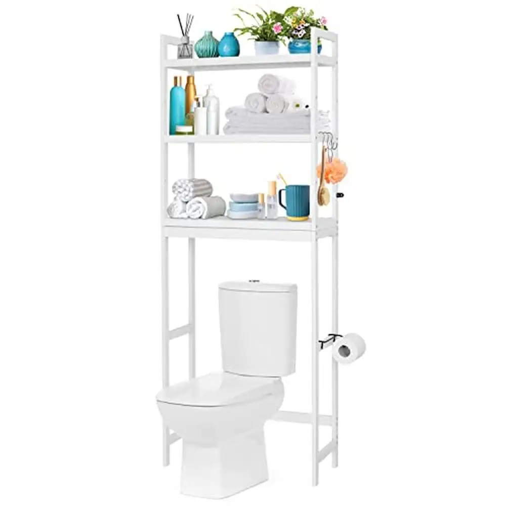 

Bamboo 3 Tier Over Toilet Bathroom Organizer Adjustable Shelf Paper Holder Hooks Durable Universal Storage Rack Kitchen Bedroom