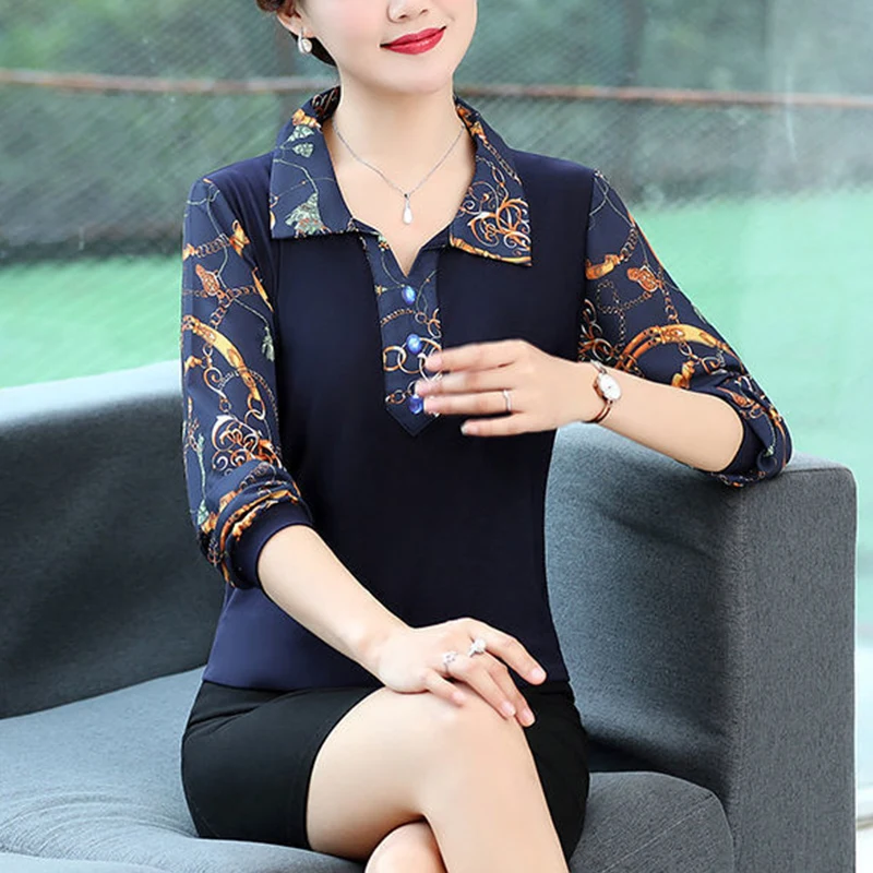 

Spring Autumn Polo-neck Patchwork Oversized Shirt Lady Long Sleeve Casual Fashion All-match Pullover Tee Top Women Loose Blouse