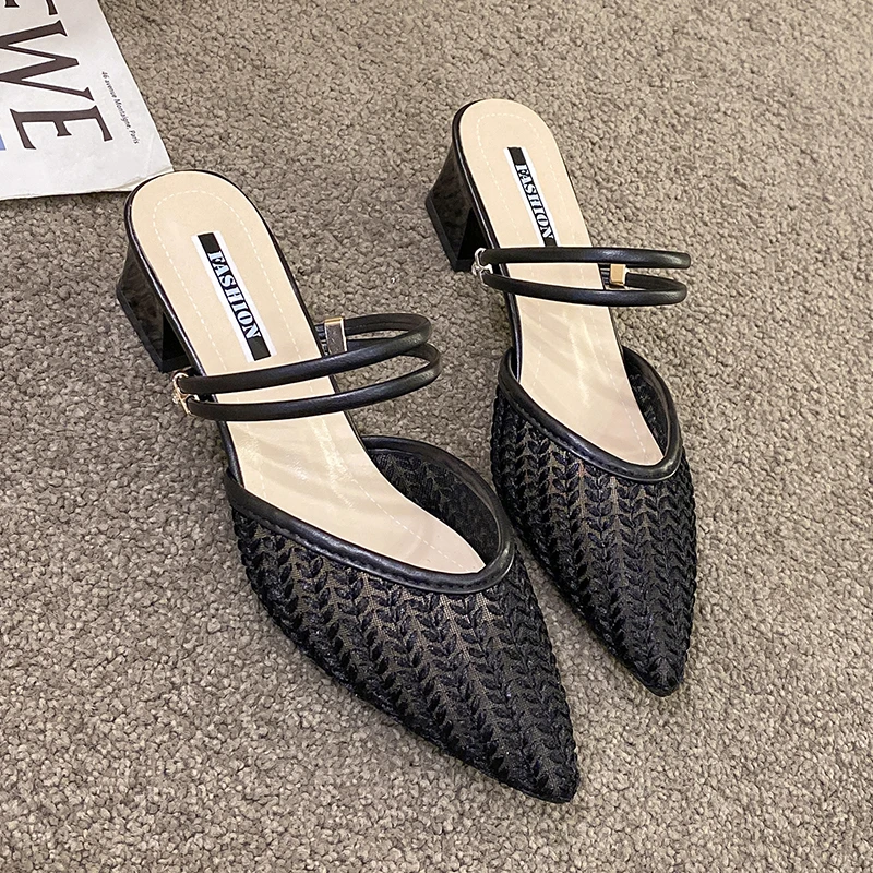Strin Bead Pantofole Casual Tacco quadrato Scarpe Donna Tacchi a punta Diapositive Med Pantofle Block Hih Cover 2024 PU_voghion.com