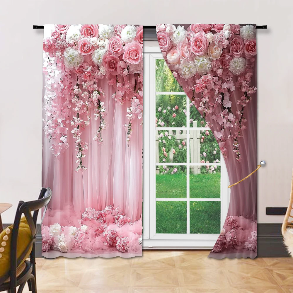 2 pcs, versatile polyester transparent curtains for home decoration Pink Floral for use in bedrooms and living rooms 6