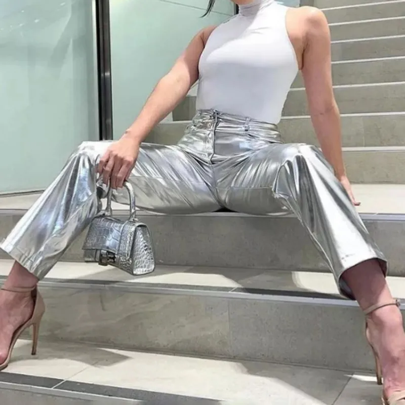 Pantalones de PU plateados para mujer, moda 2025, cintura alta, sueltos, pierna ancha, ropa de fiesta para chicas, ropa de calle, pantalones largos para mujer, otoño